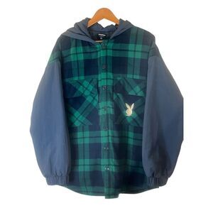 Playboy Vintage Pacsun Green & Blue Button Up Quilt Lined Hooded Flannel Top Jac